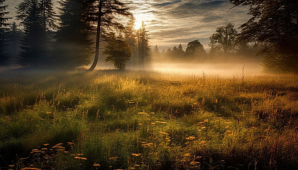 Sunlight filtering through the fog in an early morning meadow.