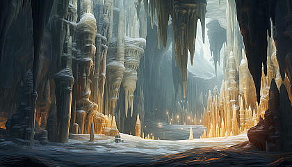 Glistening stalagmites and stalactites in an underground cavern.