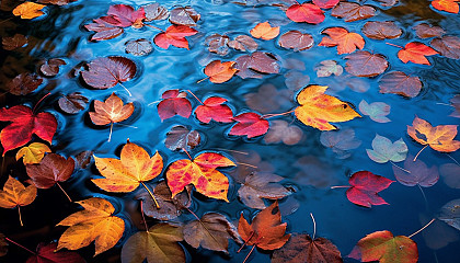 Brightly colored autumn leaves floating on a still pond.