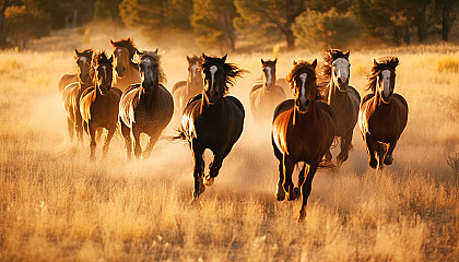 Wild horses galloping across an open prairie.