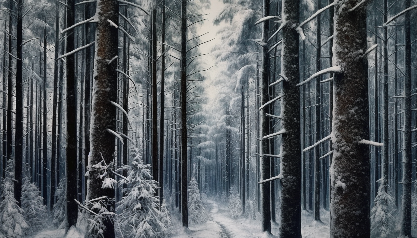 Snow-capped pine trees in a silent winter forest.