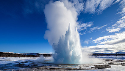 Majestic geysers erupting under a clear blue sky.