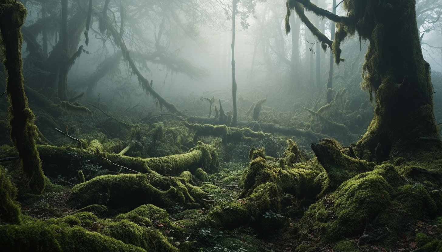 Mysterious fog-shrouded forests with ancient, moss-covered trees.