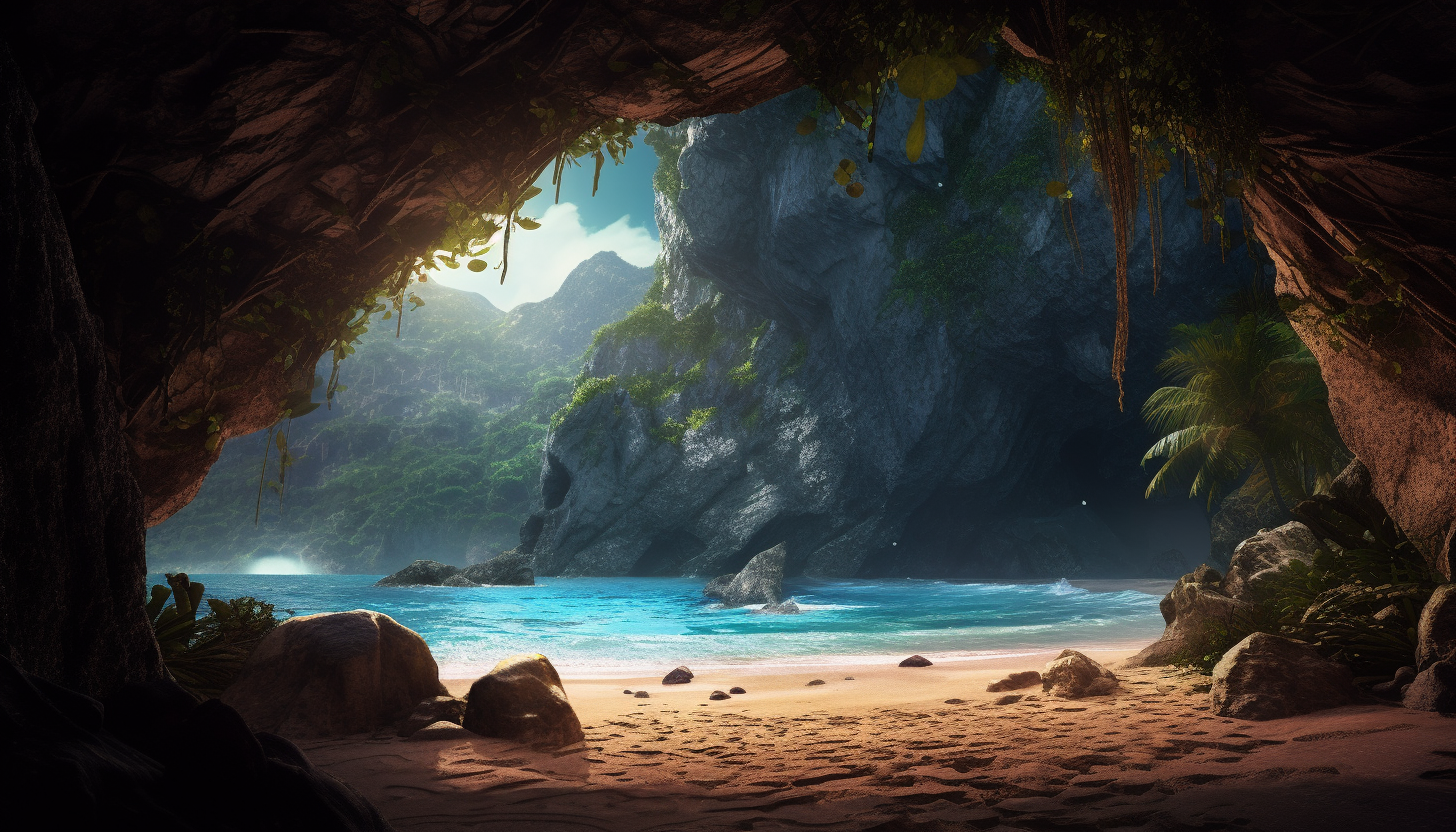 A view from inside a cavern, looking out onto a hidden beach.