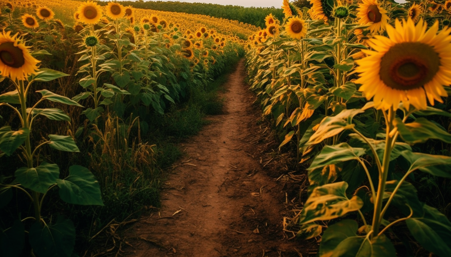 A winding path through a field of tall sunflowers.