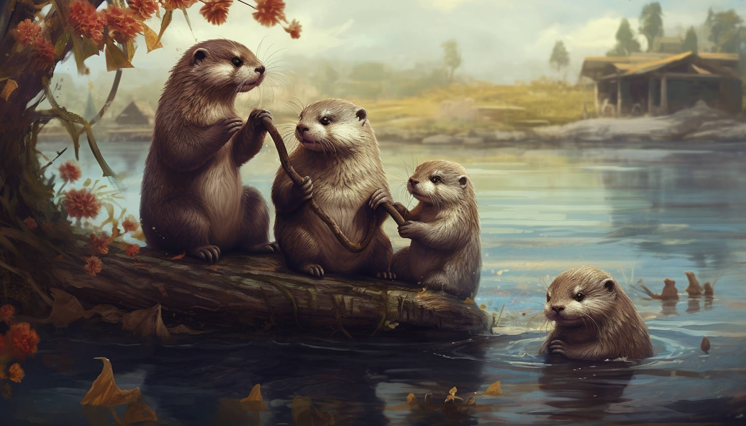 A family of otters playing by a riverside.