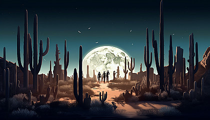 A desert scene under the moonlight, with cacti casting long shadows.