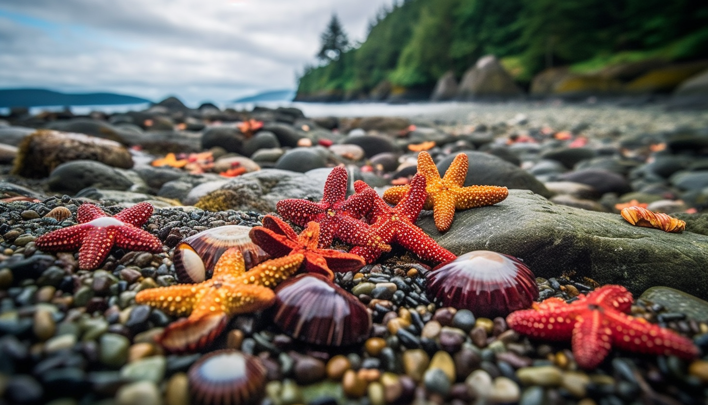 A colony of vibrant starfish on a rocky seashore.