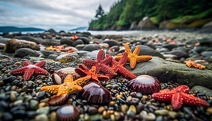 A colony of vibrant starfish on a rocky seashore.