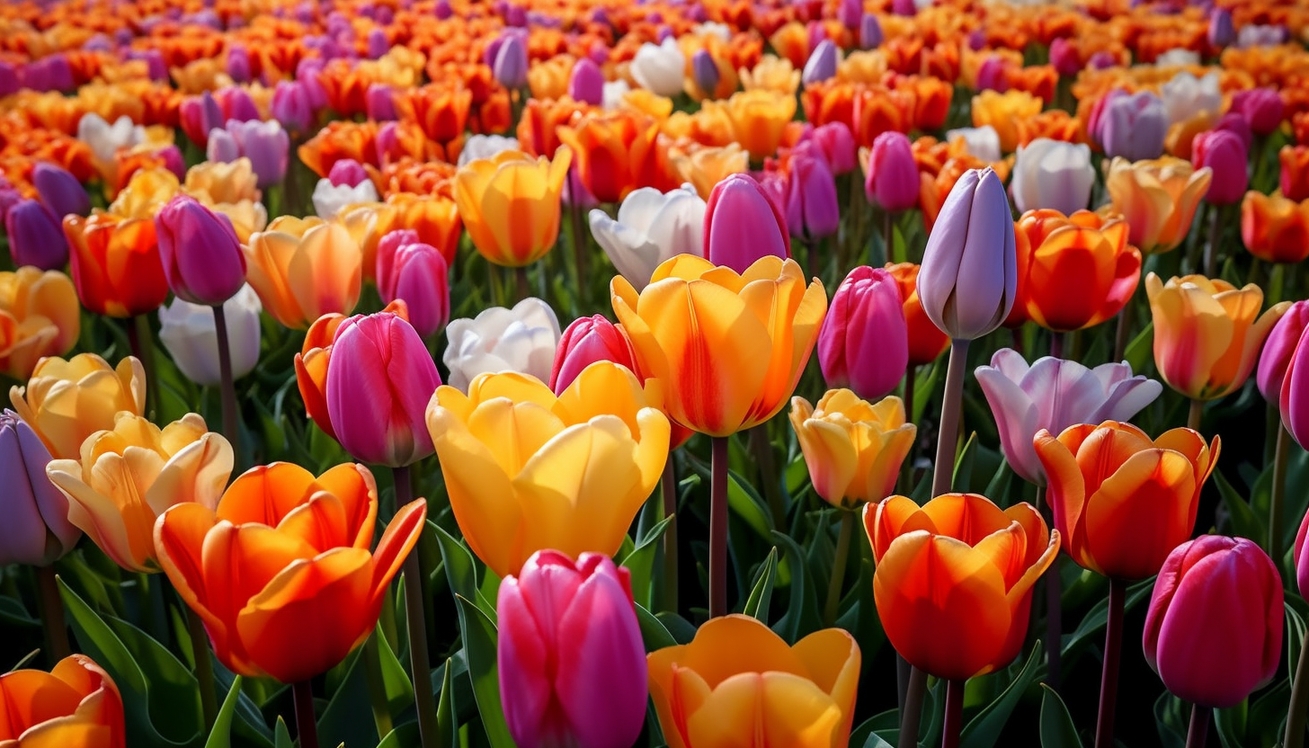 An explosion of color in a tulip field in full bloom.