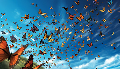 The migration of butterflies across a clear blue sky.