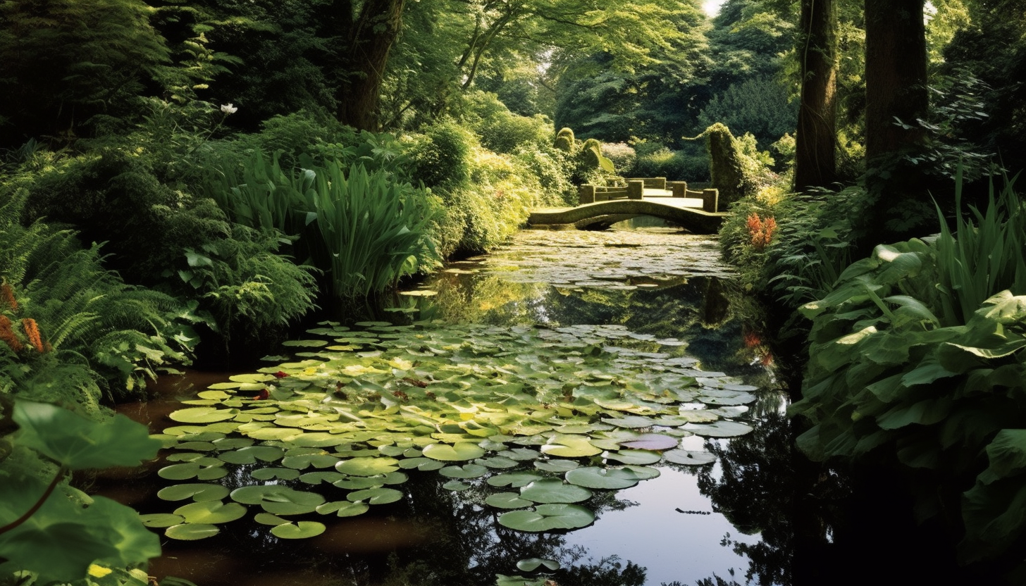 A tranquil pond filled with water lilies in a secluded garden.