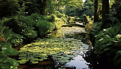 A tranquil pond filled with water lilies in a secluded garden.