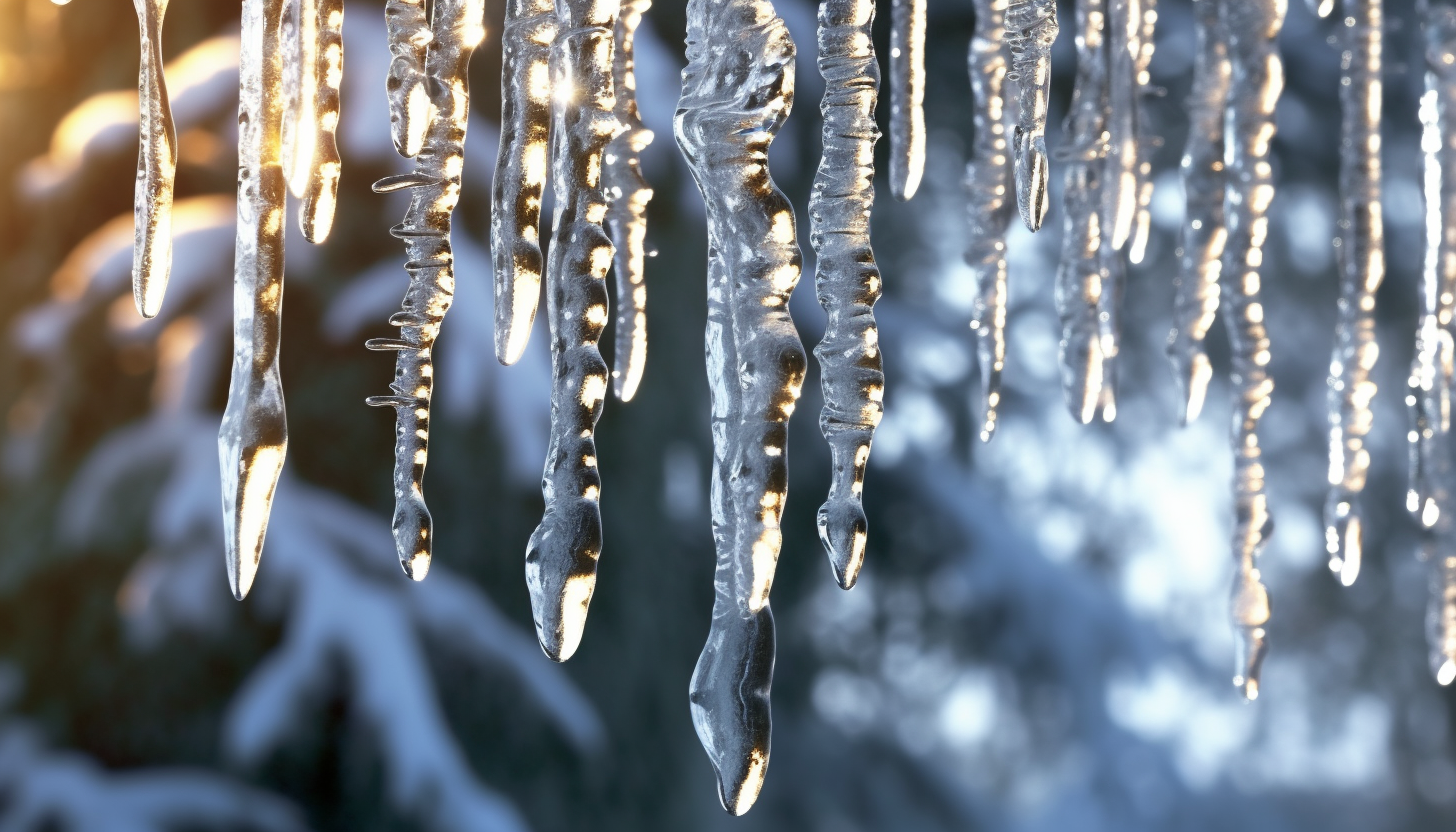 Crystalline icicles hanging from a snow-covered pine.