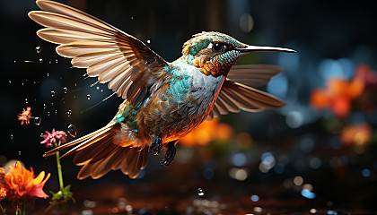 A detailed view of a hummingbird in flight, its wings blurred by speed.