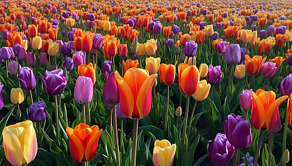 An array of multicolored tulips blooming in a field.