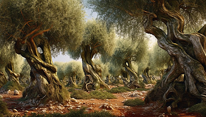 A grove of twisted olive trees in a Mediterranean landscape.
