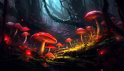 Vibrant fungi glowing in a dense, dark forest.