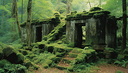 Moss-covered stone ruins reclaimed by nature in a verdant forest.