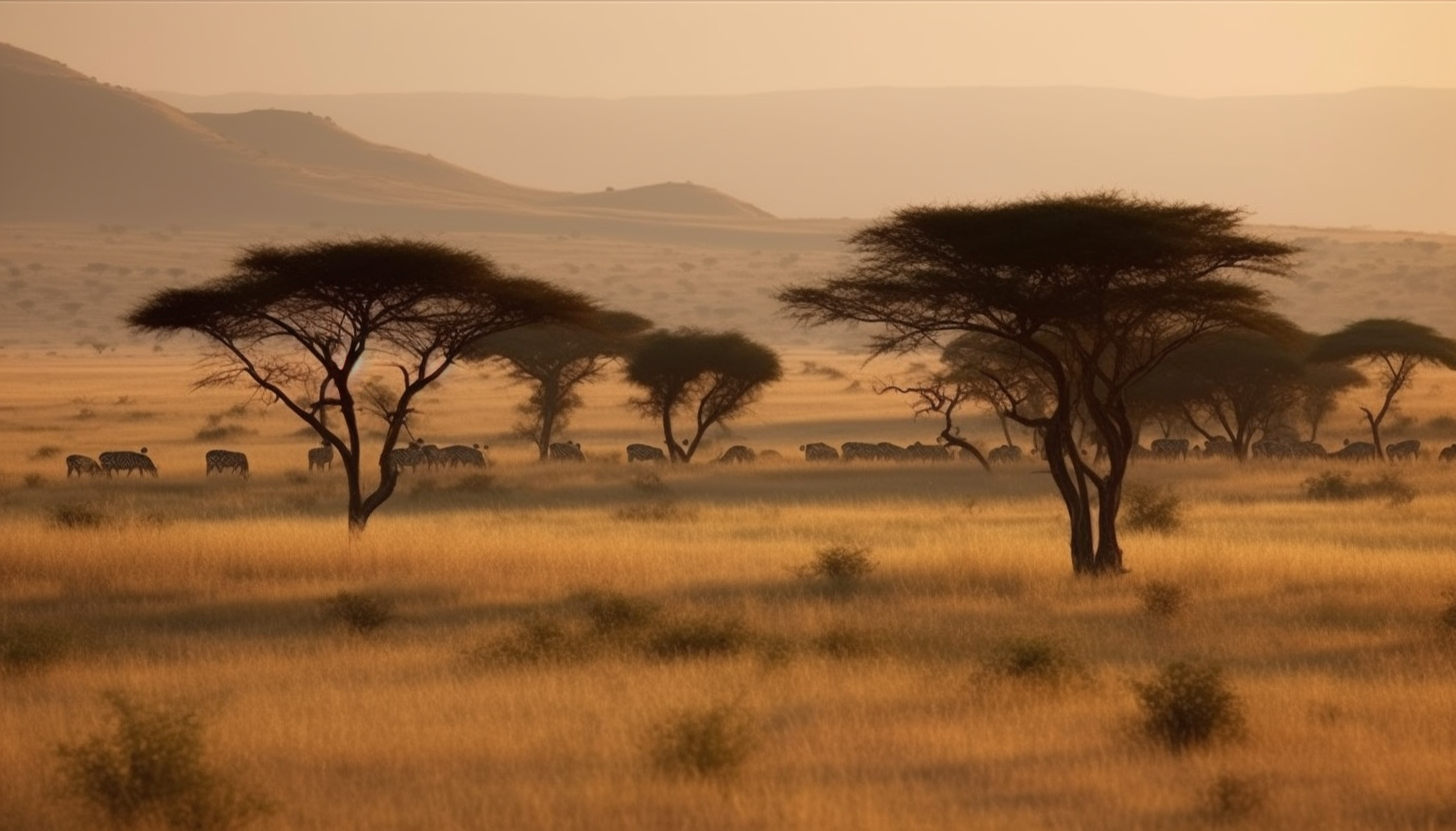 Sweeping savannah landscapes with distinctive acacia trees and grassy plains.