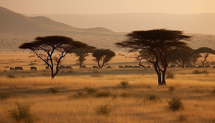 Sweeping savannah landscapes with distinctive acacia trees and grassy plains.