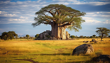 An ancient baobab tree standing alone in the savannah.