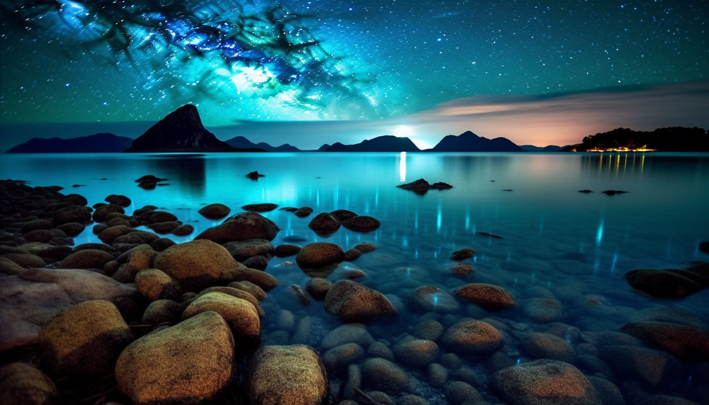 Stunning bioluminescent bay under a star-filled night sky.