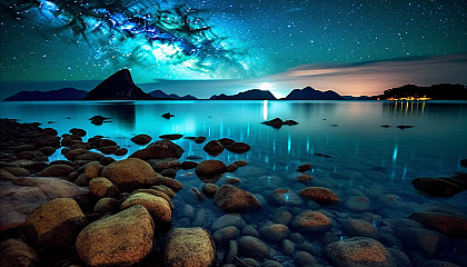 Stunning bioluminescent bay under a star-filled night sky.