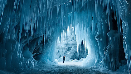 Icy stalactites hanging from the mouth of a frigid cave.