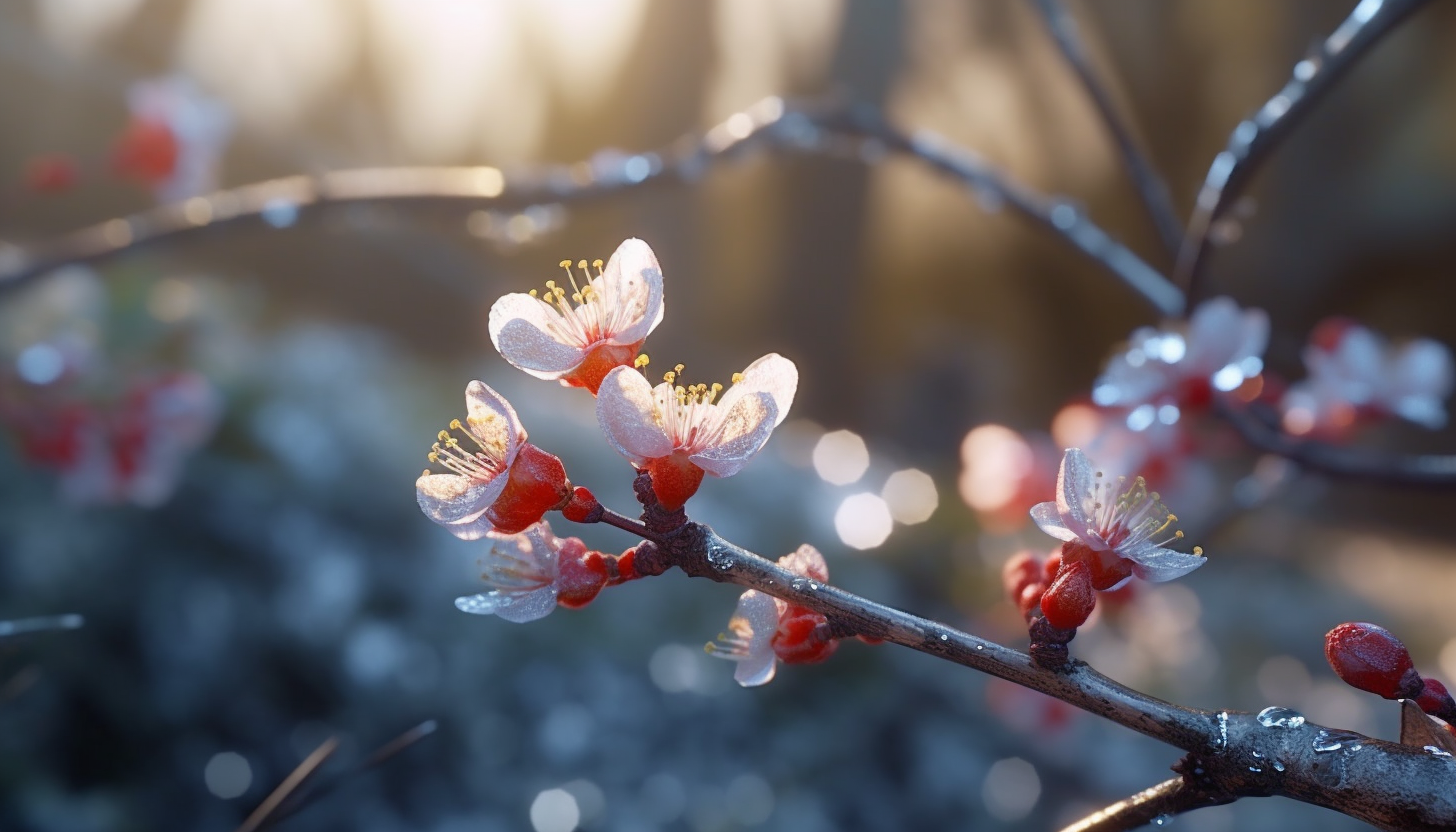 Fresh spring buds blooming on a frosty morning.