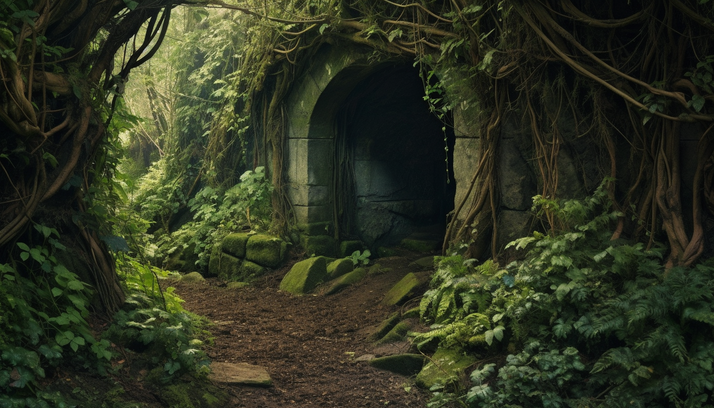 A mysterious cave entrance obscured by overgrown vines.