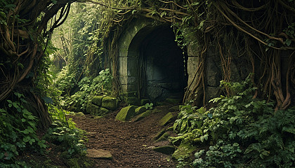 A mysterious cave entrance obscured by overgrown vines.