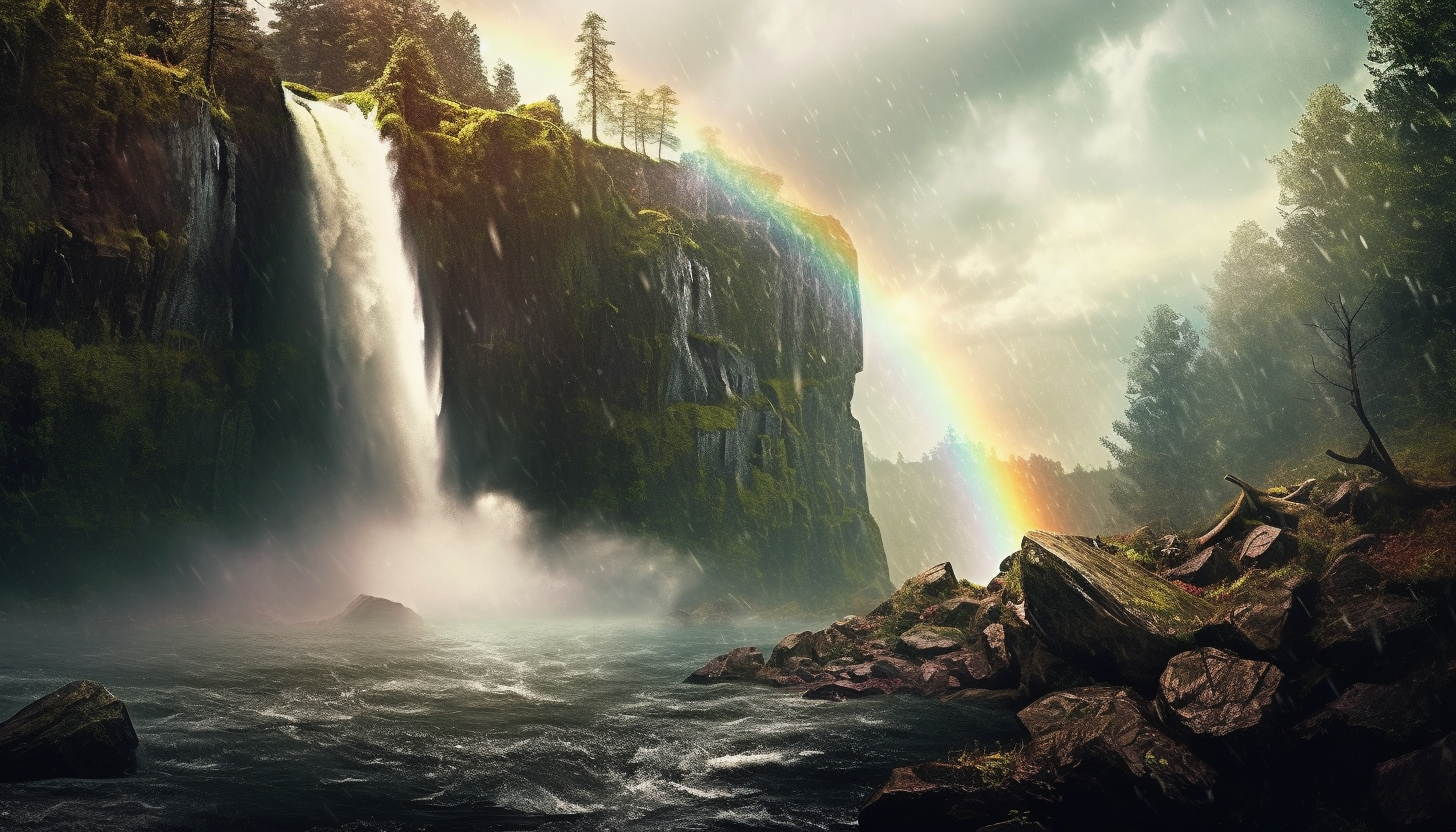 A rainbow arching over a cascading waterfall.