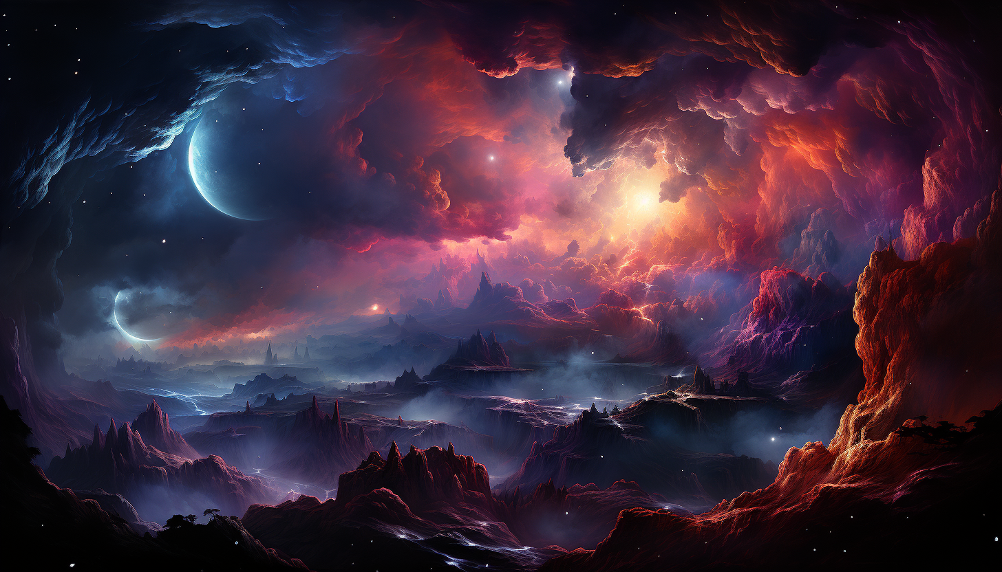 A vibrant, surrealistic space nebula with swirling hues of purple, blue, and pink.