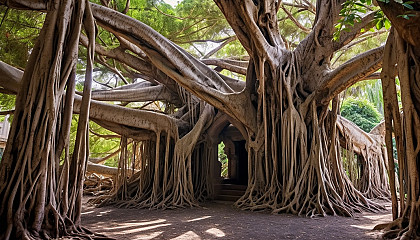 An ancient banyan tree with sprawling roots and branches.