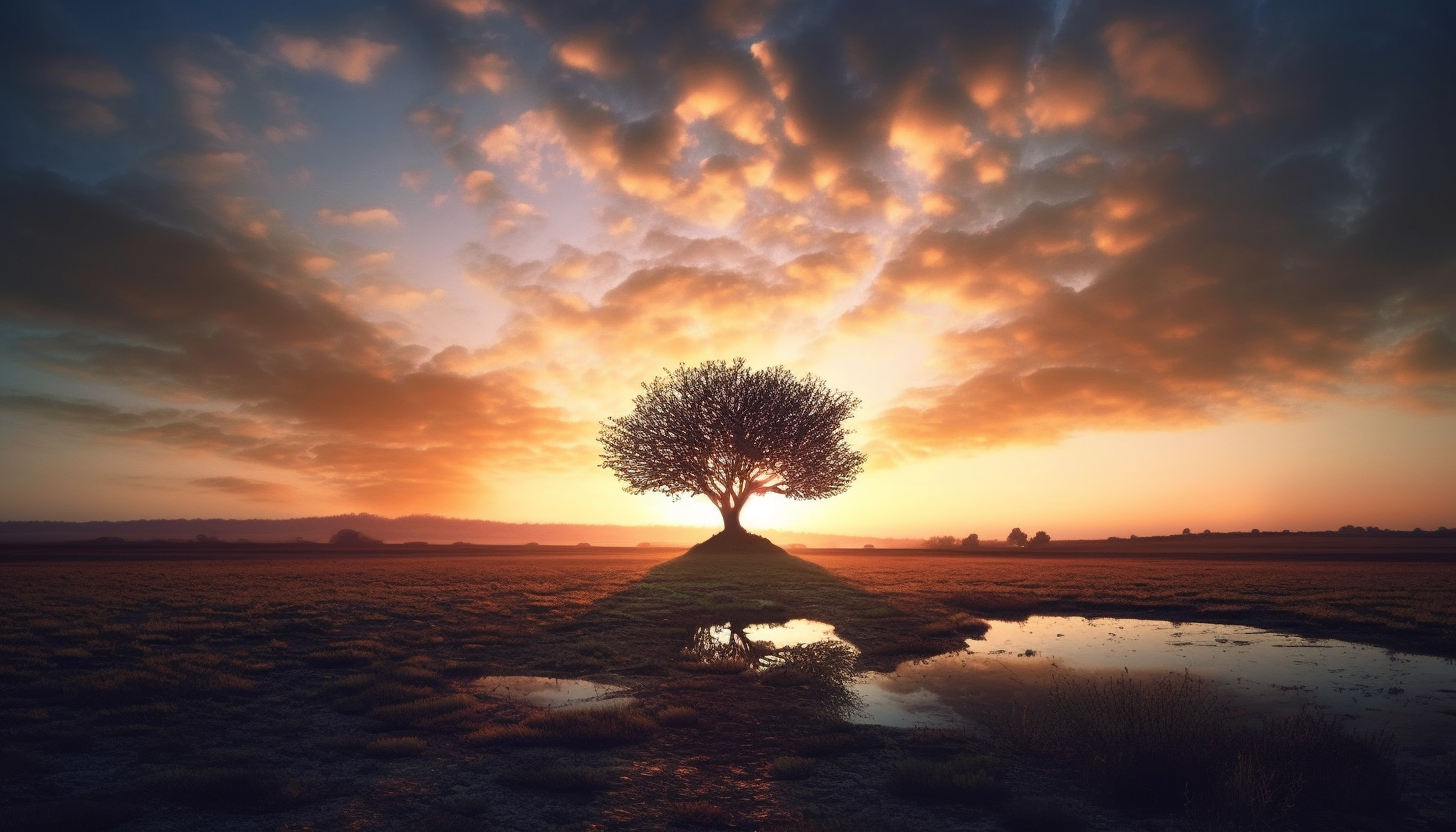 A solitary tree standing tall on the horizon as the sun sets.