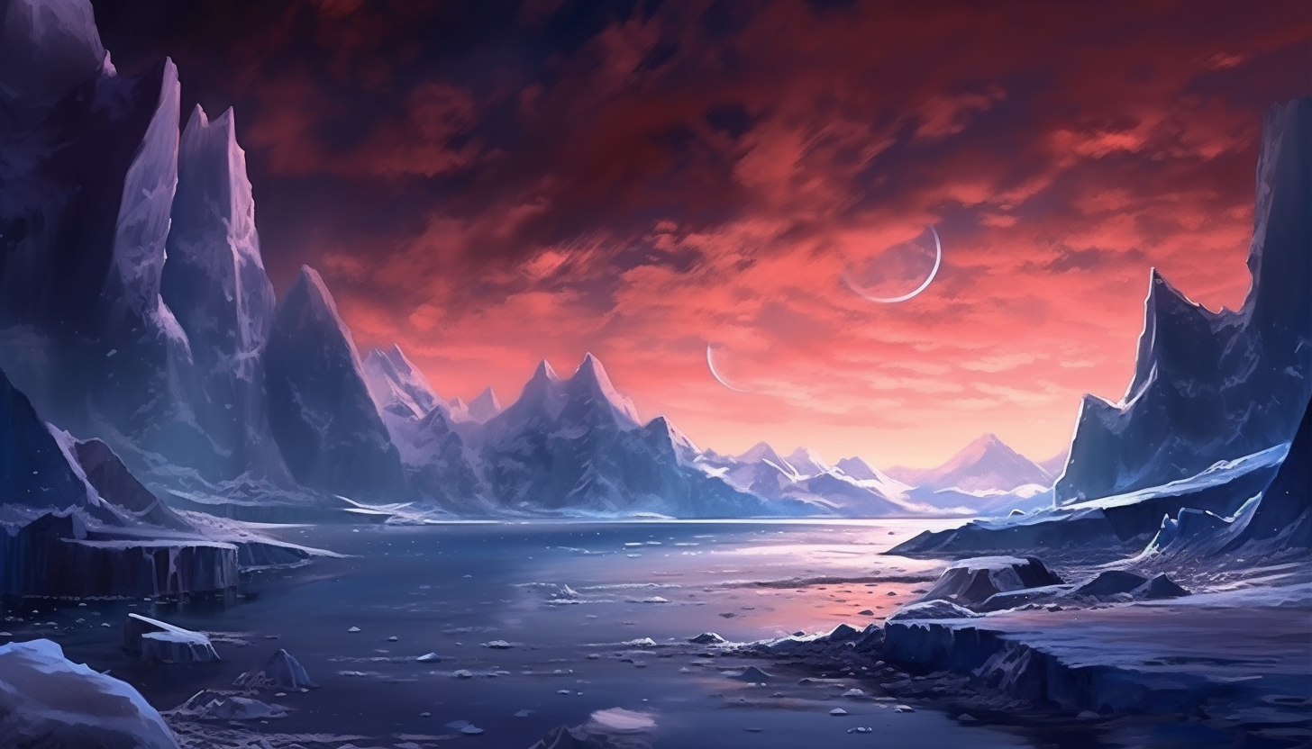 Glaciers calving into an icy bay under a polar sky.