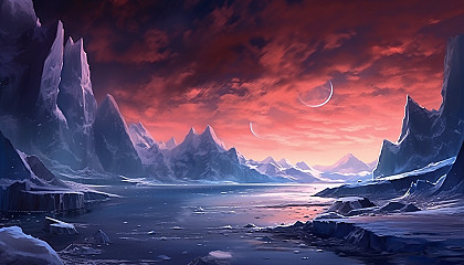 Glaciers calving into an icy bay under a polar sky.