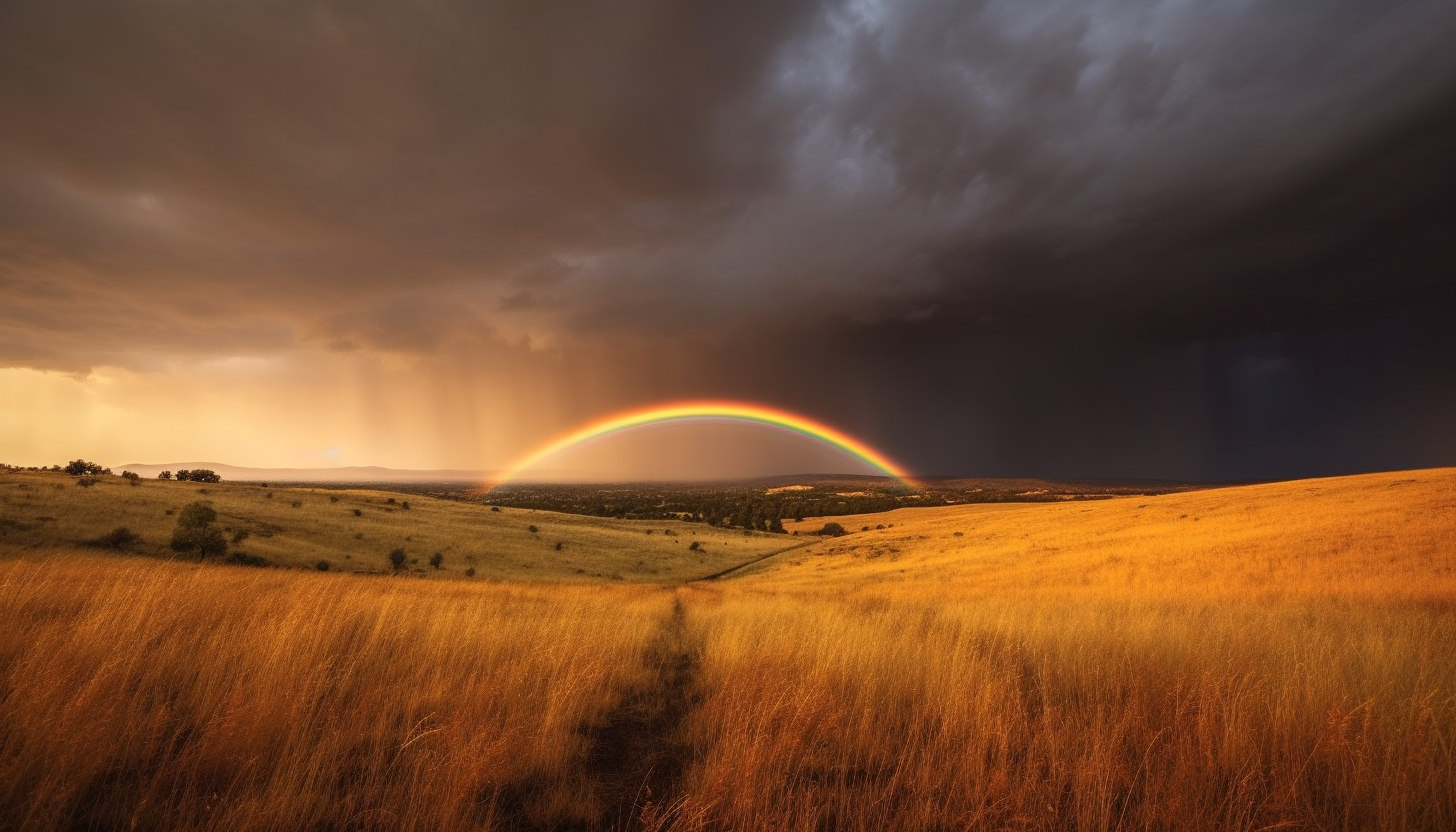 The striking sight of a double rainbow after a storm.