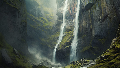 A thunderous waterfall cascading down a steep mountain face.
