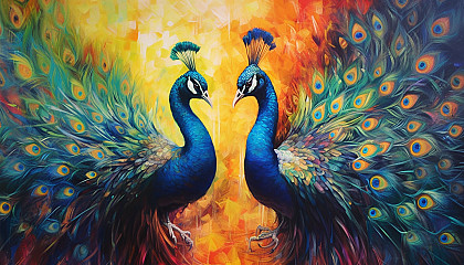 Vibrant peacock feathers displayed in a courtship dance.