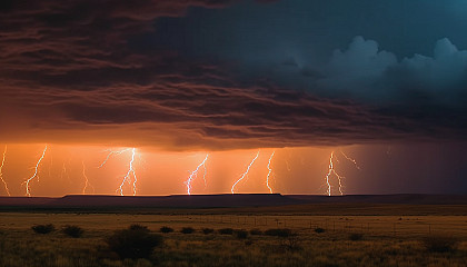 Lightning storms illuminating the sky above vast plains or oceans.