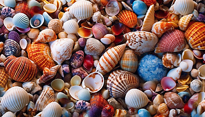 An array of colorful sea shells on a sandy beach.