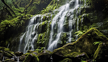 A waterfall cascading down a mossy rock face.