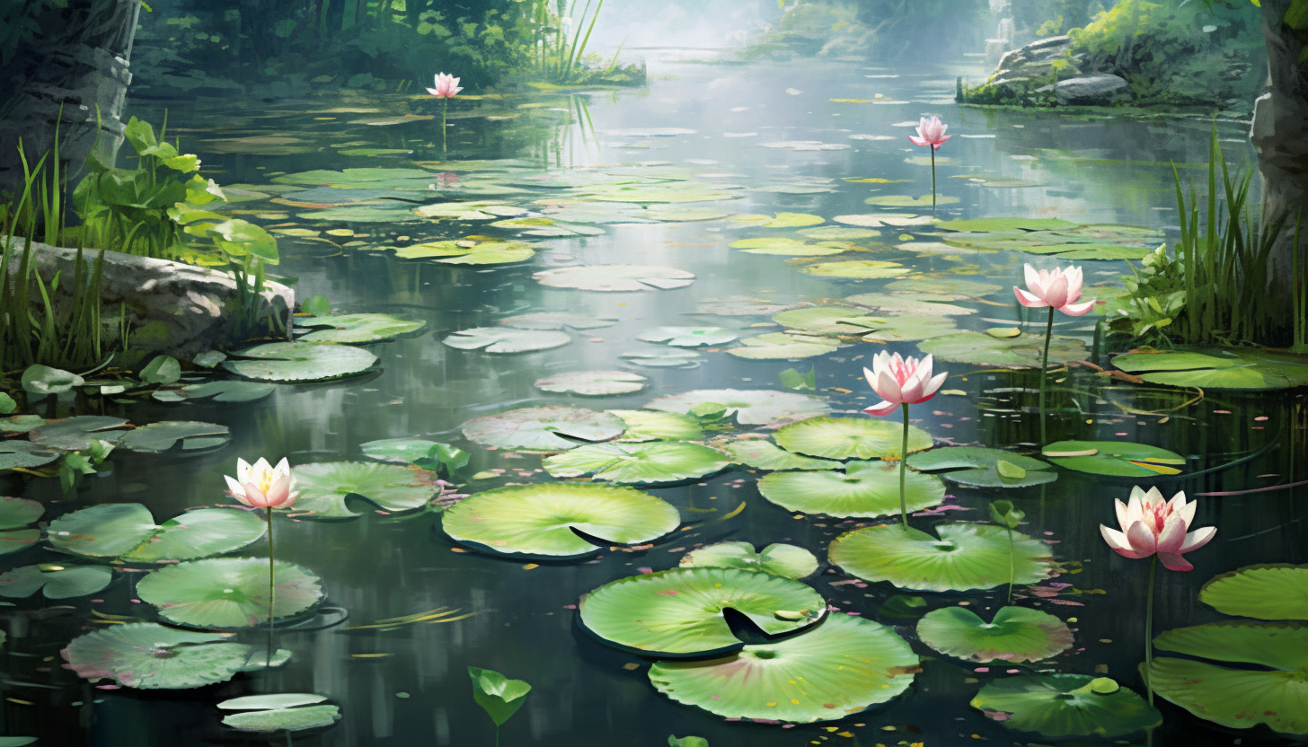 A tranquil pond with floating lotus flowers.