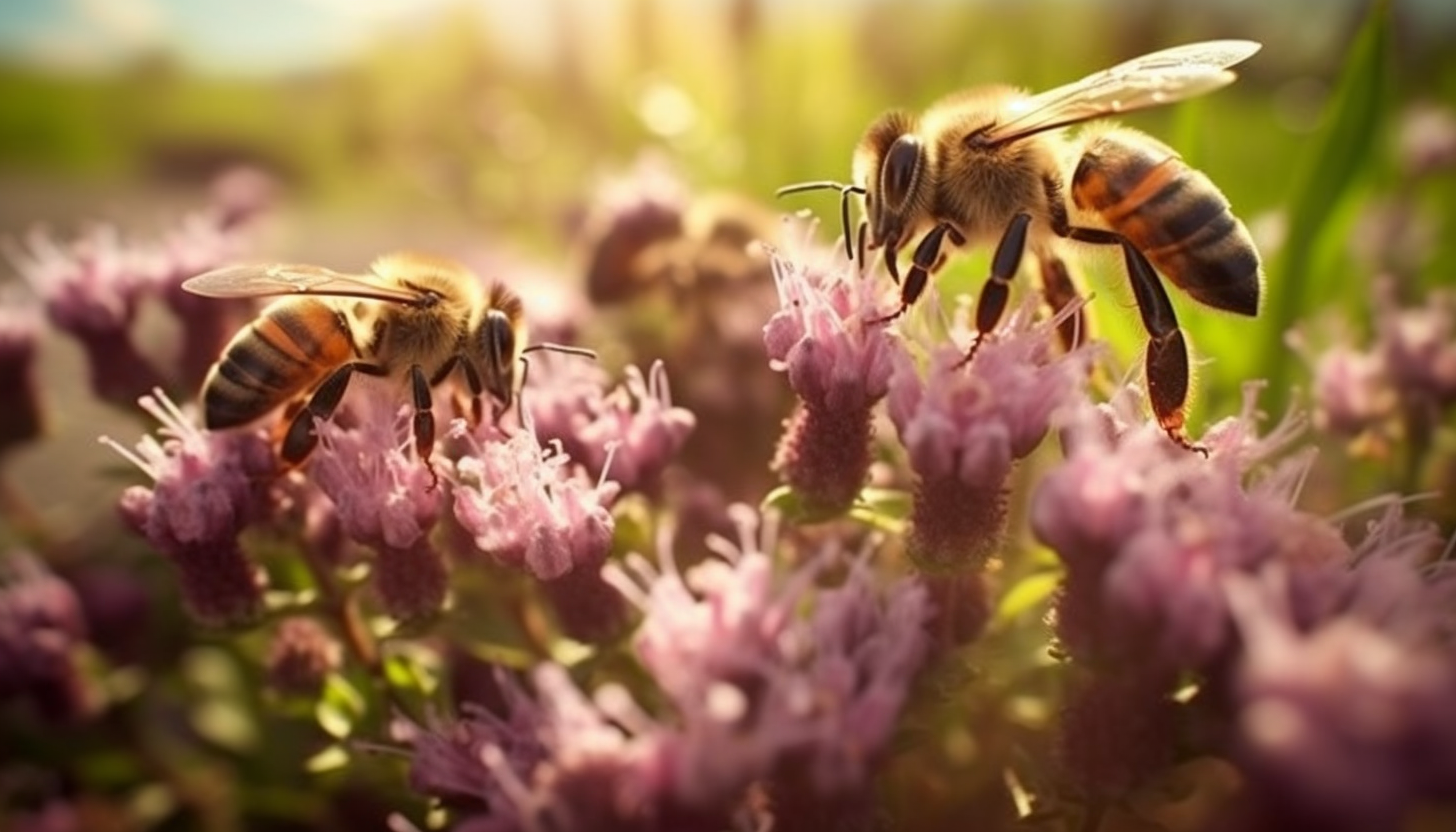 Honeybees busily collecting nectar from a field of wildflowers.