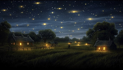 Fireflies illuminating a summer night in the countryside.
