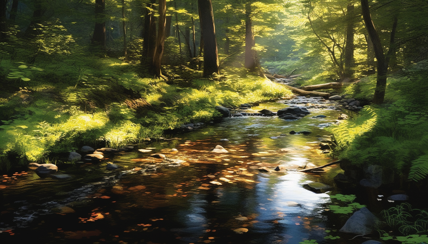 A tranquil brook babbling through a sun-dappled forest.