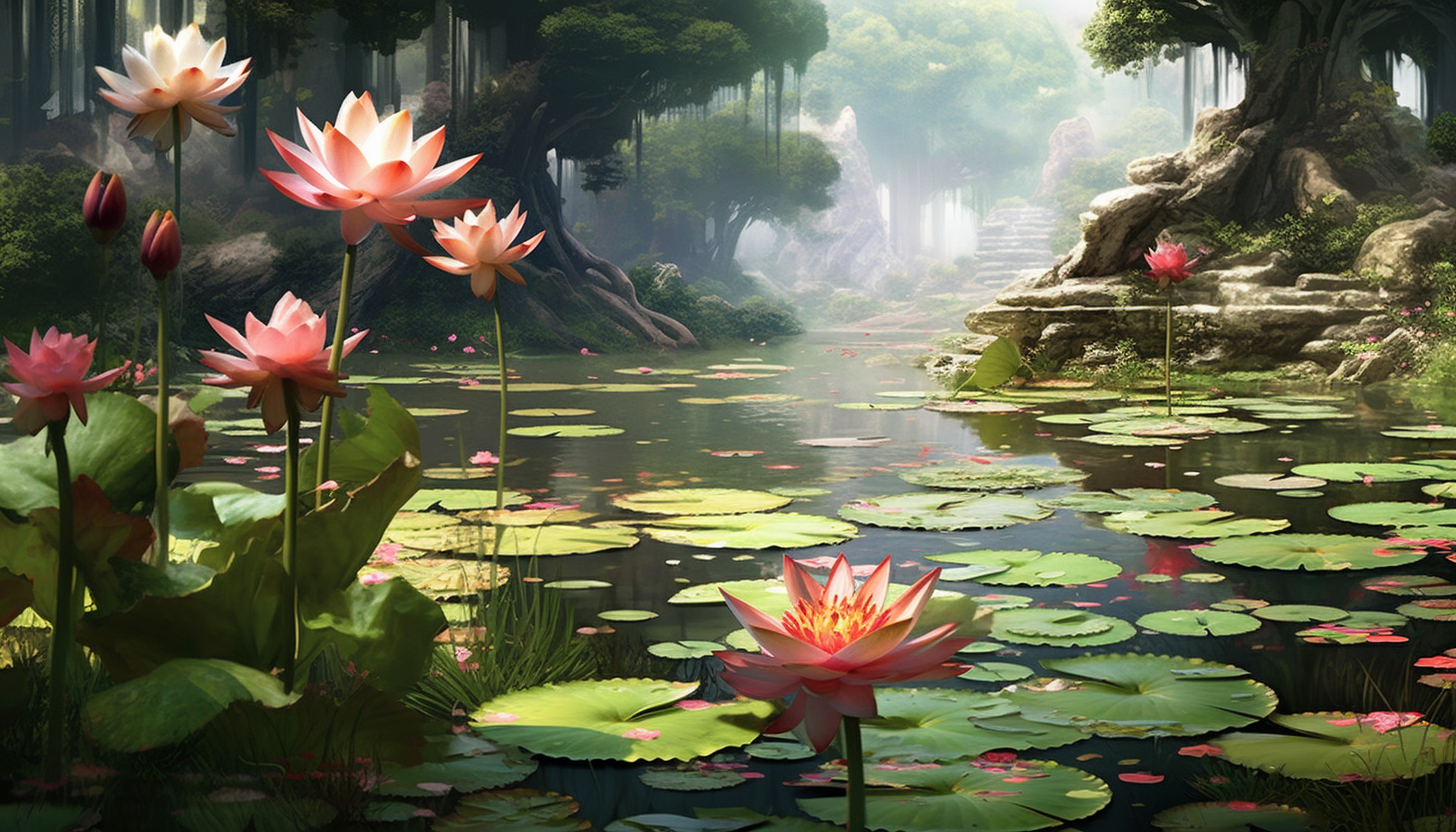 A tranquil lotus pond filled with blossoming flowers.