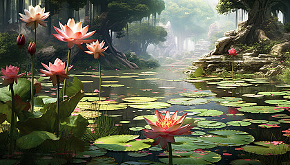 A tranquil lotus pond filled with blossoming flowers.